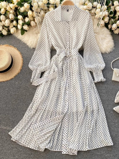 Spring Autumn Women Vintage Maxi Party Dress Long Sleeve Orange Polka Dot Pleated Evening Black Vestidos Femme Fashion Robe New