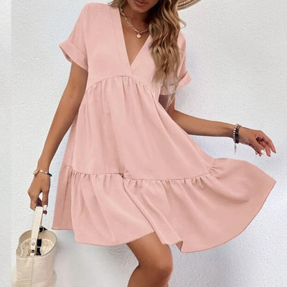 vmtvr - Casual Women Short Sleeve Mini Dress 2023 Spring Summer V-neck Loose Dresses Cute Solid Big Hem Beach Dress Robe De Plage