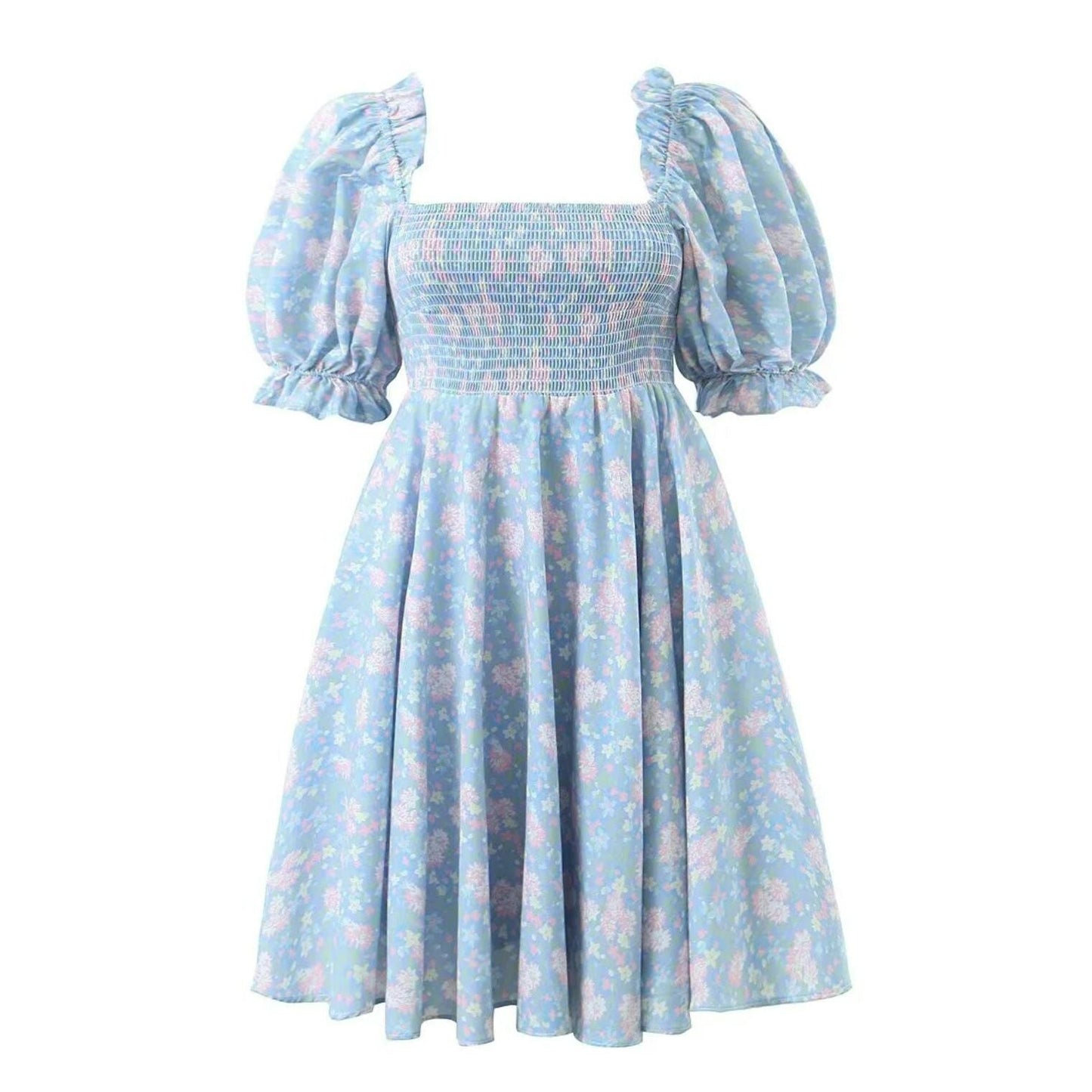 Sweet Princess Blue Flower Print Square Collar Puff Sleeve Mini Dress Elastic Ruched Chest Backless V Back Woman Fairy Robe