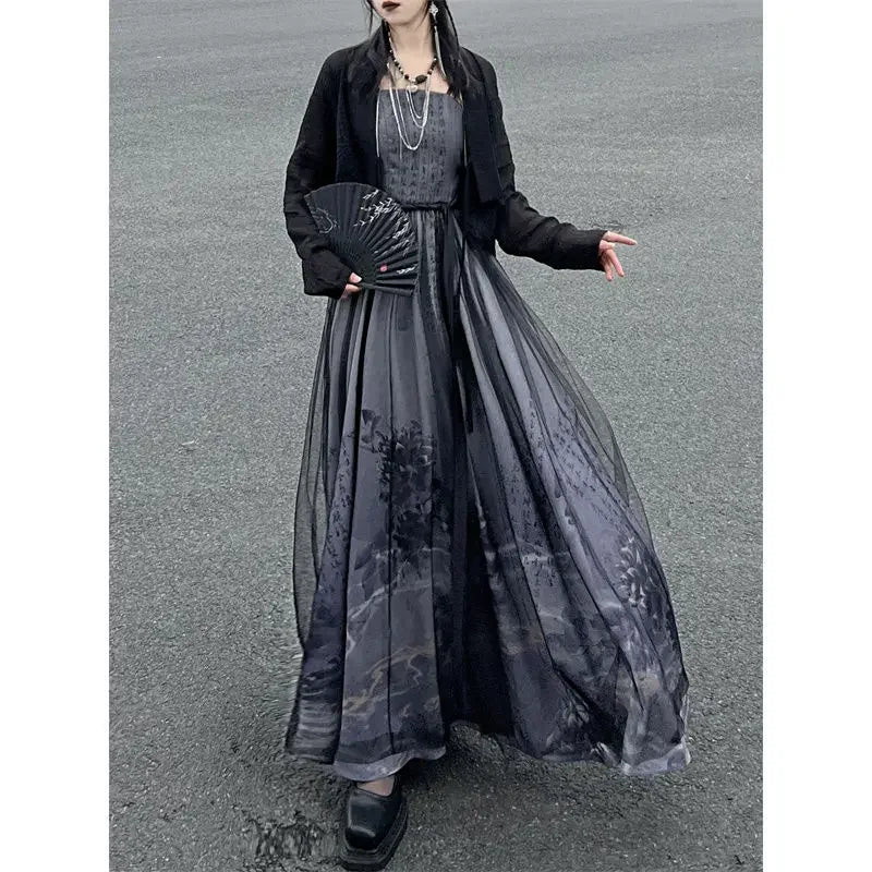 Summer Improved Chinese Traditional Black Printed Hanfu Dress Two Piece Set Women Gothic Modern Halloween Cosplay Costume