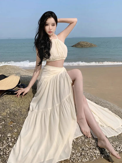 vmtvr Summer Women Beach Two Piece Set Sexy Strap Short Tops & High Waist  One-Piece Lace Up Skirt Outfits Korean Fashion Clothing