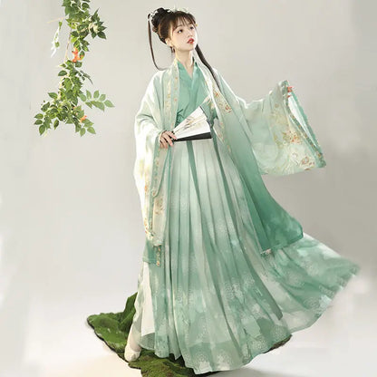 XL Chinese Hanfu Dress Women Carnival Cosplay Costume Ancient Traditional Hanfu Dress Green&Blue Print  Dance Dress Plus