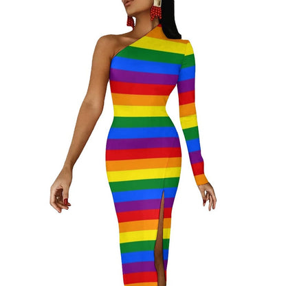 Rainbow Colors Maxi Dress Long Sleeve Colorful Aesthetic Cute Bodycon Dress High Slit Party Long Dresses Women Pattern Vestidos