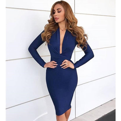 Winter Sexy V Neck Long Sleeve Women Bodycon Bandage Dress Celebrity Designer Evening Party Dress Vestido