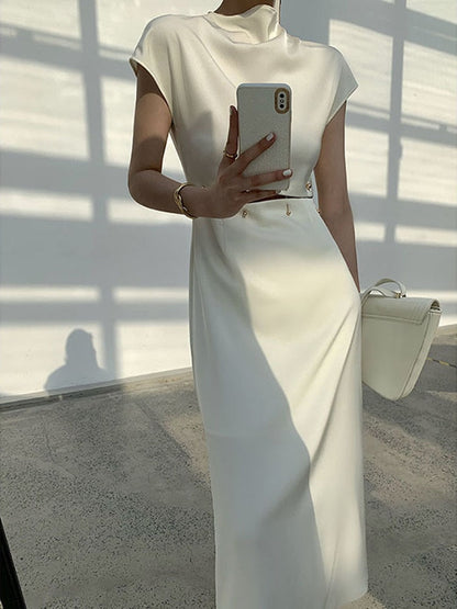 vmtvr - Elegant White Long Dress Female Round Neck Short Sleeve High Waist Cut Out Midi Dresses For Woman Clothing Fashion