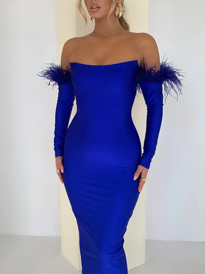 vmtvr Party Dresses For Women Outfits Elegant Off-shoulder Feather Sleeve Maxi Dress Women New Strapless Backless Bodycon Long Dress Vestido