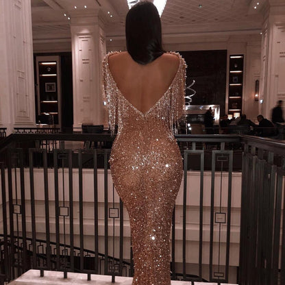 vmtvr - Gown Birthday Maxi Dress Chic Sparkly Tassel Fashion Night Club  Party Women's Dresses Long Sleeve Backless Golden Sexy