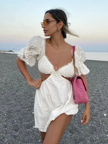 vmtvr  - Lace Summer White Dress Women Puff Sleeve Embriodery Waist Cut Out Beach Short Sexy Cotton Dress Backless Sundress