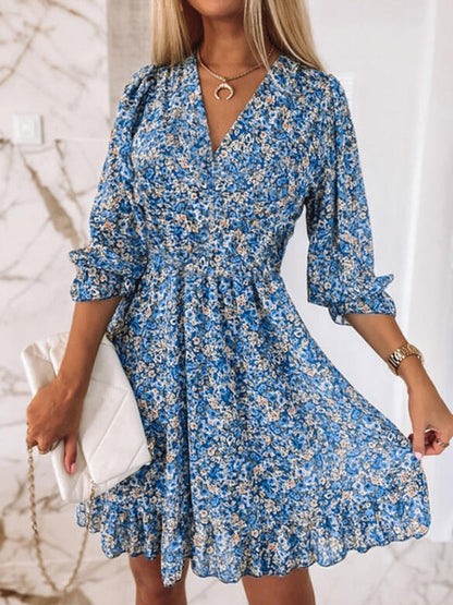 vmtvr - Dress for Women Sexy V-neck 2023 New Midi Dress Bohemian Print Short-sleeved Floral Dress with A Nipped-in Waist Pullover