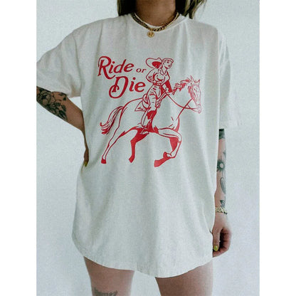 -Retro sports style outfit streetwear 90s fashion Ride or Die Printing Cowgirl Graphic Tees Summer Short Sleeve Thick Cotton Oversized White Shirts High Quality Feminist T Shirts