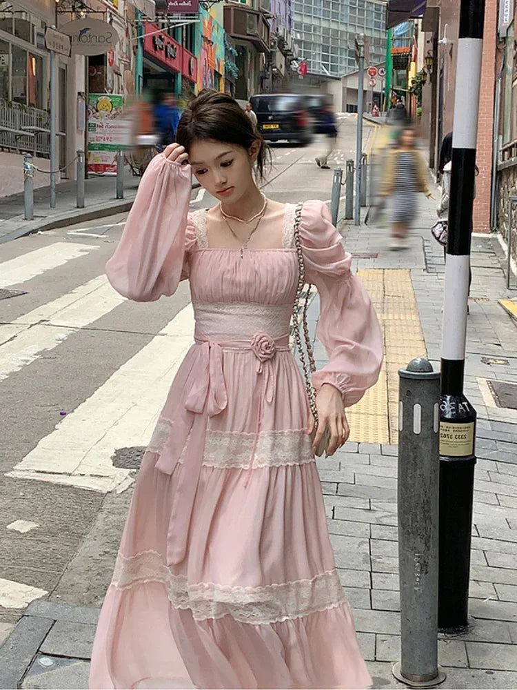 vmtvr 2024 Summer Woman French Elegant Lace Midi Dress Party Long Sleeve Korean Fashion Dress Beach Chiffon Fairy Slim Dress Chic