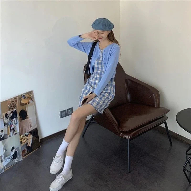 Summer New Matching Sets Sweet Slim Plaid Slip + Solid color long sleeve Cardigan Prairie Chic A-line Two-piece Dress Suits