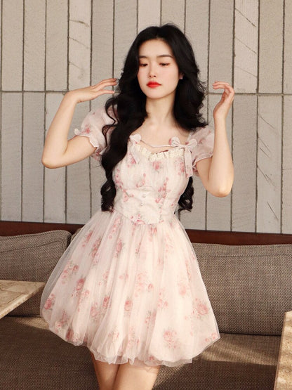 vmtvr - 2023 Summer One Piece Dress Korean Kawaii Lolita Dress Women Beach Style Elegant Y2k Mini Dress Party Puff Sleeve Fairy Chic