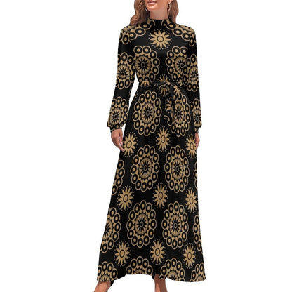 vmtvr - Ethnic Bohemia Dress Retro Floral Print Basic Beach Dresses Female Long Sleeve High Neck Elegant Long Maxi Dress