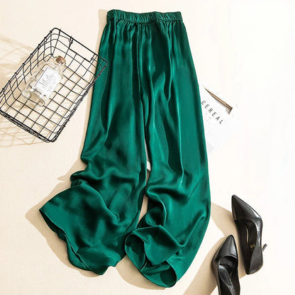 vmtvr Korean style  High Waist Acetate Wide Leg Pants silk Trousers Acetate satin pants ankle-length women summer trousers