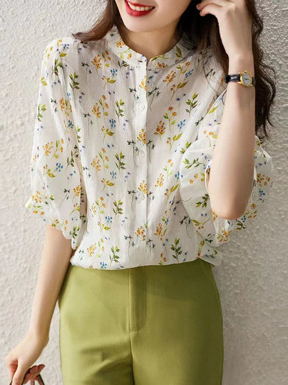 vmtvr Fashion Sweet Women Floral Blouse Japan Beach Elegant Puff Sleeve Top Casual O Neck Buttons Summer Female Casual Shirt New