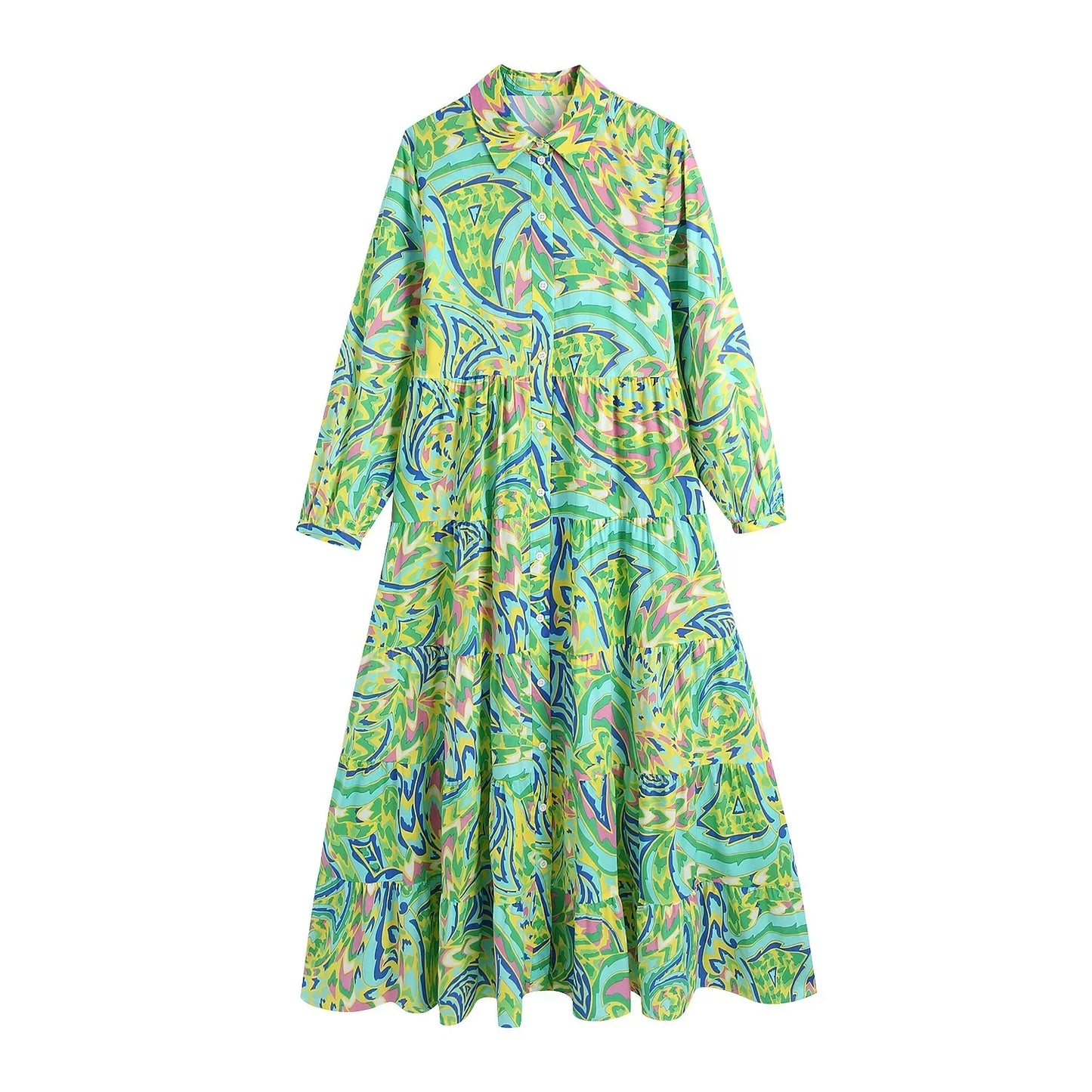 vmtvr  - Paisley Print Shirt Dress Elegant Autumn Spring Green Dress Floral Print Boho Female Maxi Dress Long Sleeve Vestido