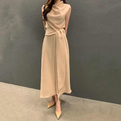 vmtvr Elegant Women Bandage Dress Fashion Korean Female Waist Midi Dress Casual Button A Line Sleeveless Dresses Summer New