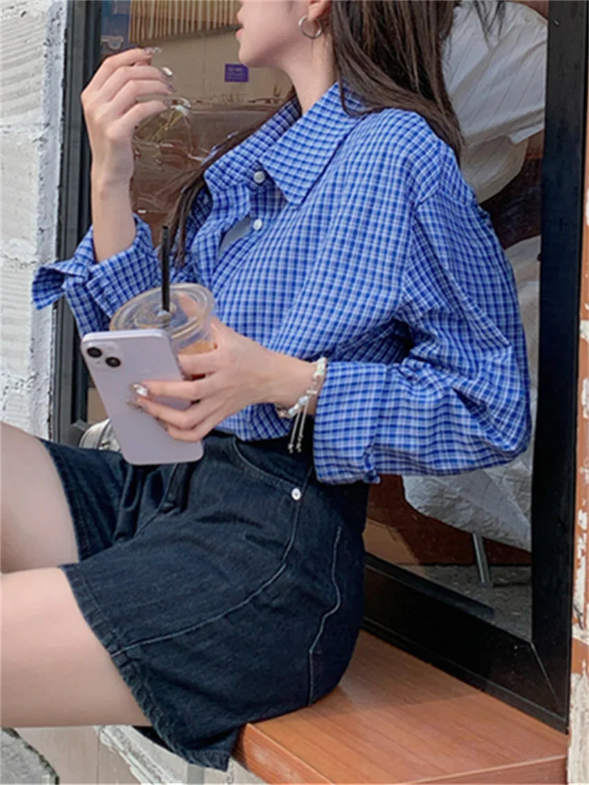vmtvr 2024 Blue Shirts Plaid Chic Women Fashion Slim New Autumn Loose Full Sleeve Casual All Match High Street Work Wear