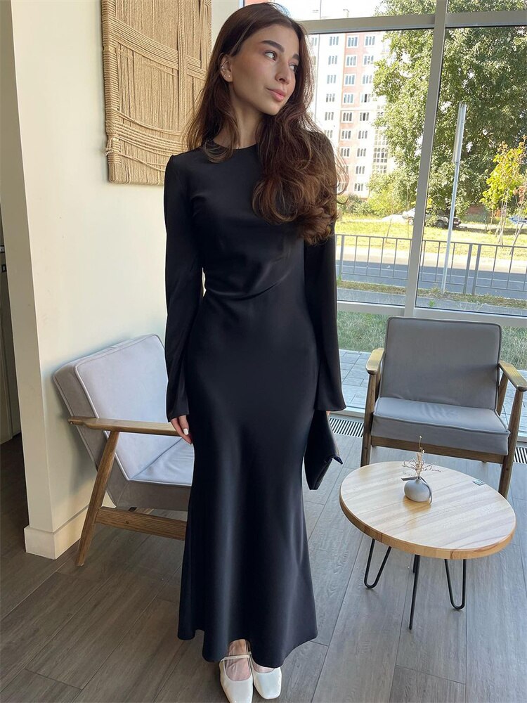 Tossy Satin Fashion Slim Maxi Dress For Women Long Sleeve High Waist Elegant Solid Party Dress Casual Luxury Ladies Summer Dress