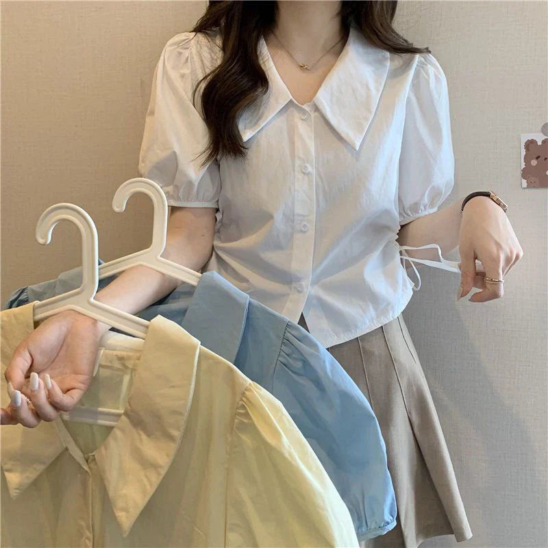 vmtvr Women White Shirts Summer Casual Lace Up Shirring Female Short Sleeve Tops Korean All Match Cropped Puff Sleeve Blouse