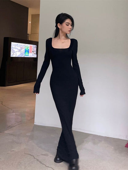 Y2K Sexy Black Dress Women Vintage Wrap Slim Bodycon Long Dresses Party Evening Square Collar  Fashion Spring Outfits