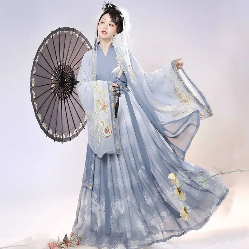 XL Chinese Hanfu Dress Women Carnival Cosplay Costume Ancient Traditional Hanfu Dress Green&Blue Print  Dance Dress Plus