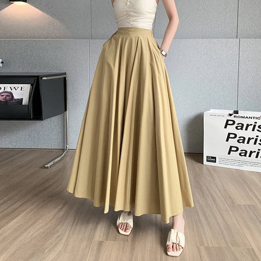 vmtvr Elegant Women Pleated White Pockets Long Skirts Office Ladies Casual Loose High Waist Midi Skirt 2024 Spring Summer