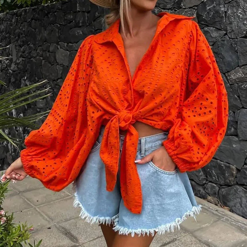 vmtvr Summer Hollow Lace Embroidered Shirt Casual Turn-down Collar Lace Up Solid Color Top Women Fashion Lantern Sleeves Beach Blouses