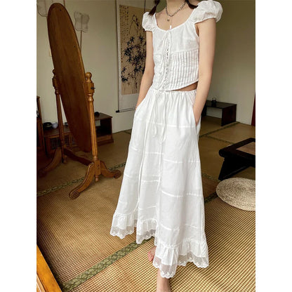 vmtvr  -  Summer French Sweet Long Dress Lace Splicing Skirts for Woman New Niche Drawstring A-line Skirt Female Faldas White Mujeres