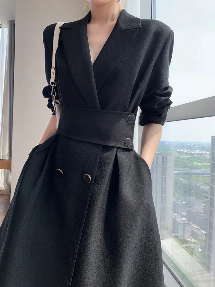 vmtvr Women's Spring Autumn Casual Elegant Midi Black Dress Long Sleeve A-Line Party Vestidos Female Fashion Korean Outwear Clothes