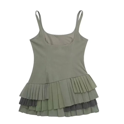 vmtvr 2024 Elegant Pitch Green Slip Dress Women Fashion Square Collar Sleeveless Mini Dress Female Spring Summer Lady Pleated Vestidos