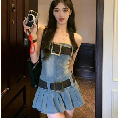 vmtvr  -  Vintage Strapless Denim Dress Women Bodycon Sexy Dress Harajuku Pleated Mini Skirt Trends Clothes Design Chic Streetwear Summer