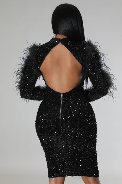 Luxury Evening Dresses for Women Elegant Long Sleeve Backless Sequins Feathers Bodycon Package Hip Night Club Party Dress