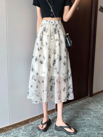 vmtvr Vintage Print Floral Women Skirts Elastic High Waist Elegant A Line Ladies Midi Skirts Summer Korean Casual White Skirt