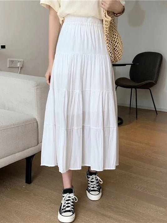 vmtvr Spring Summer Women Chiffon Skirts Vintage High Waist Elastic Patchwork White Black Chic Long Cake A-line Skirt for Student