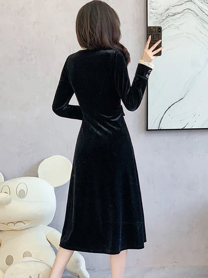 vmtvr  -  Black Velvet Chic Lace V-Neck Evening Dress for Women Autumn Winter Korean Vintage Hepburn Dress Fashion Elegant Prom Dress