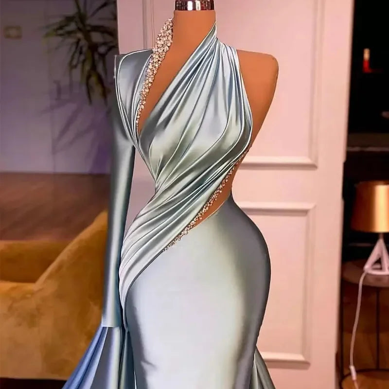 vmtvr  -  Classic fashion mermaid single rotator cuff pleated sexy bag hip floor-length evening dress Celebrity robe Formal occasion party