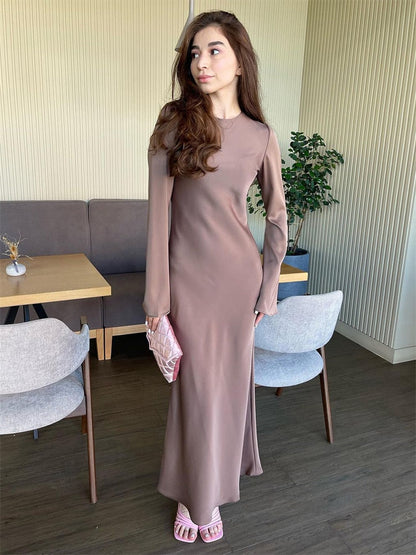 Tossy Satin Fashion Slim Maxi Dress For Women Long Sleeve High Waist Elegant Solid Party Dress Casual Luxury Ladies Summer Dress