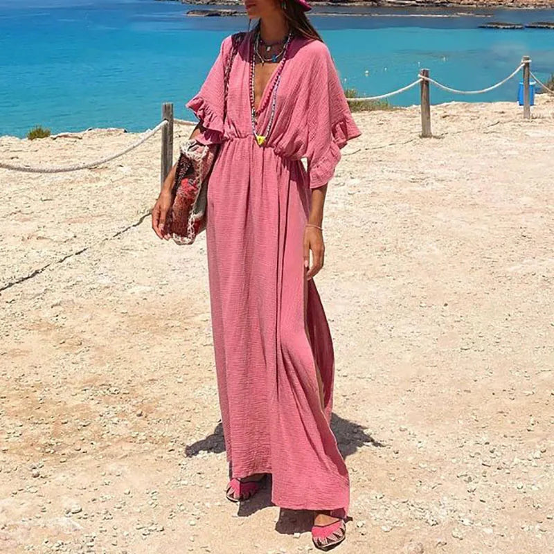 vmtvr Summer Loose Ruffle Short Sleeve Cover Up Dress Casual Women's Pleated Beach Long Dresses 2024 Sexy Deep V High Split Robe Dress