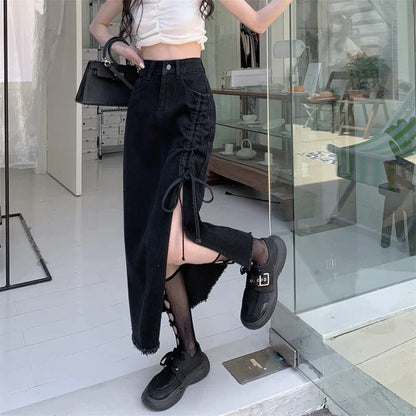 vmtvr Y2K High Waist Women Jeans Skirts Korean Fashion Bandage Female Tassel Midi Skirts Summer Casual Streetwear A Line Skirts