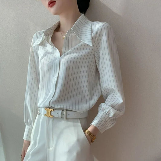 vmtvr White Stripe Long Sleeve Shirt Woman Office Ladies Basic Blouses Old Money Style Korean Fashion Summer Loose  Aesthetic