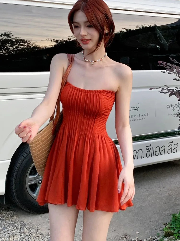 vmtvr Sexy Strapless Solid Short Dress Women New Summer Slim A-line Sleeveless Beach Style Korean Chic Birthday Party Dress Vestidos