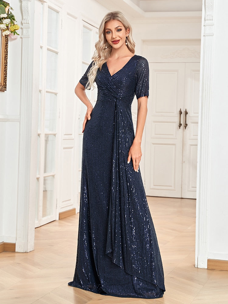 Luxury Floor Length V-Neck Evening Dresses Women Party Maxi Dress Sequin Beading Gowns Long Prom Cocktail Dress