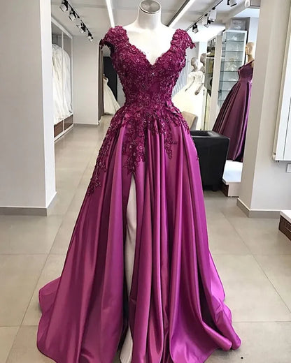 vmtvr  - Purple Sexy V Neck Satin Sweep Train High Side Split A Line Prom Dress Lace Appliqued Beads Formal Party Evening Dresses