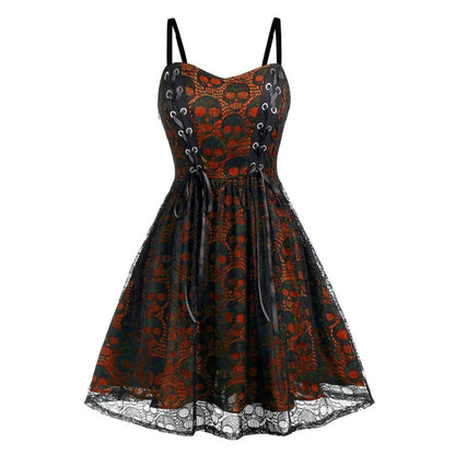 vmtvr  -  Women's Sleeveless Punk Dress Camisole Skull Print Lace Swing Dress Halloween Spaghetti Strap Steampunk Dress Goth Clothes