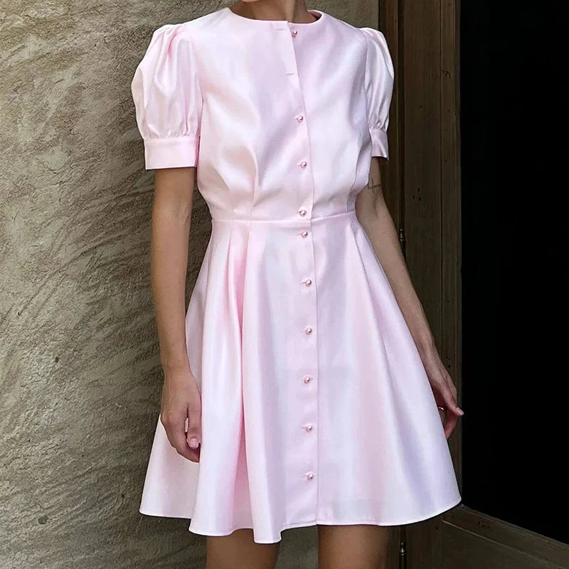 vmtvr Fashion Summer O-Neck Puff Sleeve Solid Dress Women Elegant Peal Buttons A-Line Dresses Ladies High Street Slim Waist Mini Dress