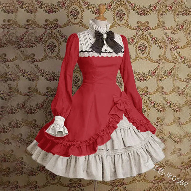 vmtvr  -  Japanese Style  Women Gothic Cosplay Dresses High Waist Contrast-Color Ruffled Sweet Lolita Dress Kawaii Clothing