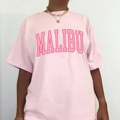 -Retro sports style outfit streetwear 90s fashion Malibu Women Pink Short Sleeve T shirts Retro Style Loose Cotton Crewneck Summer Tops Tees Ins Fashion Letters Printing Shirts