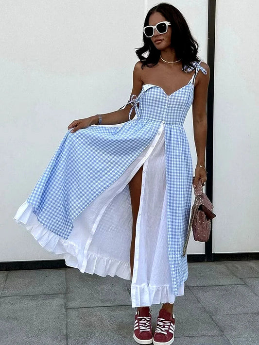 vmtvr  -  French Chic Maxi Dresse Elegant Summer Blue Plaid Party Women Dress Backless Vocation Sexy Casual Ladies Dress Vestido